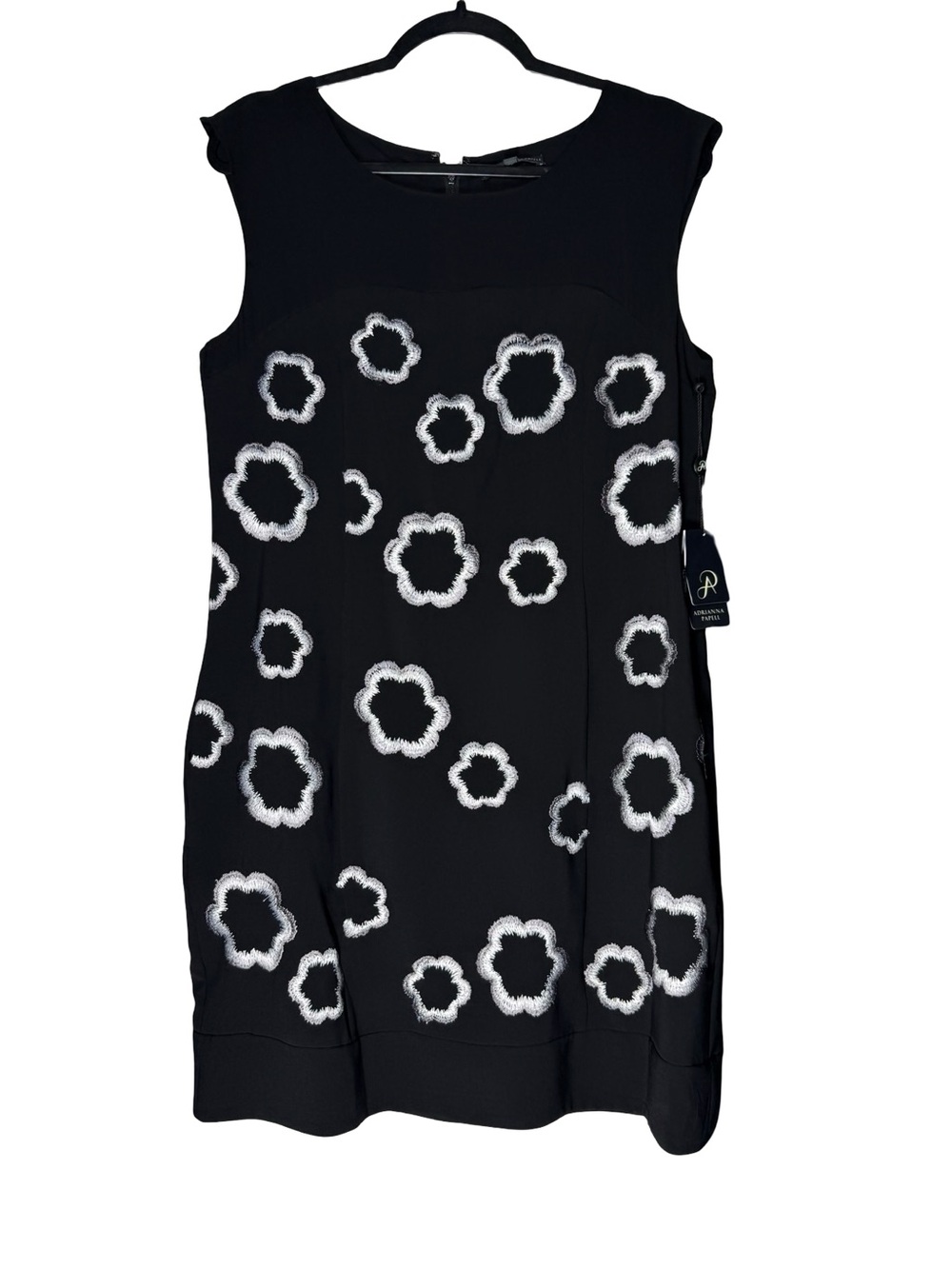 Adrianna Papell Black Sheath Dress Sz Large Floral Embroidery Cocktail Party NWT
